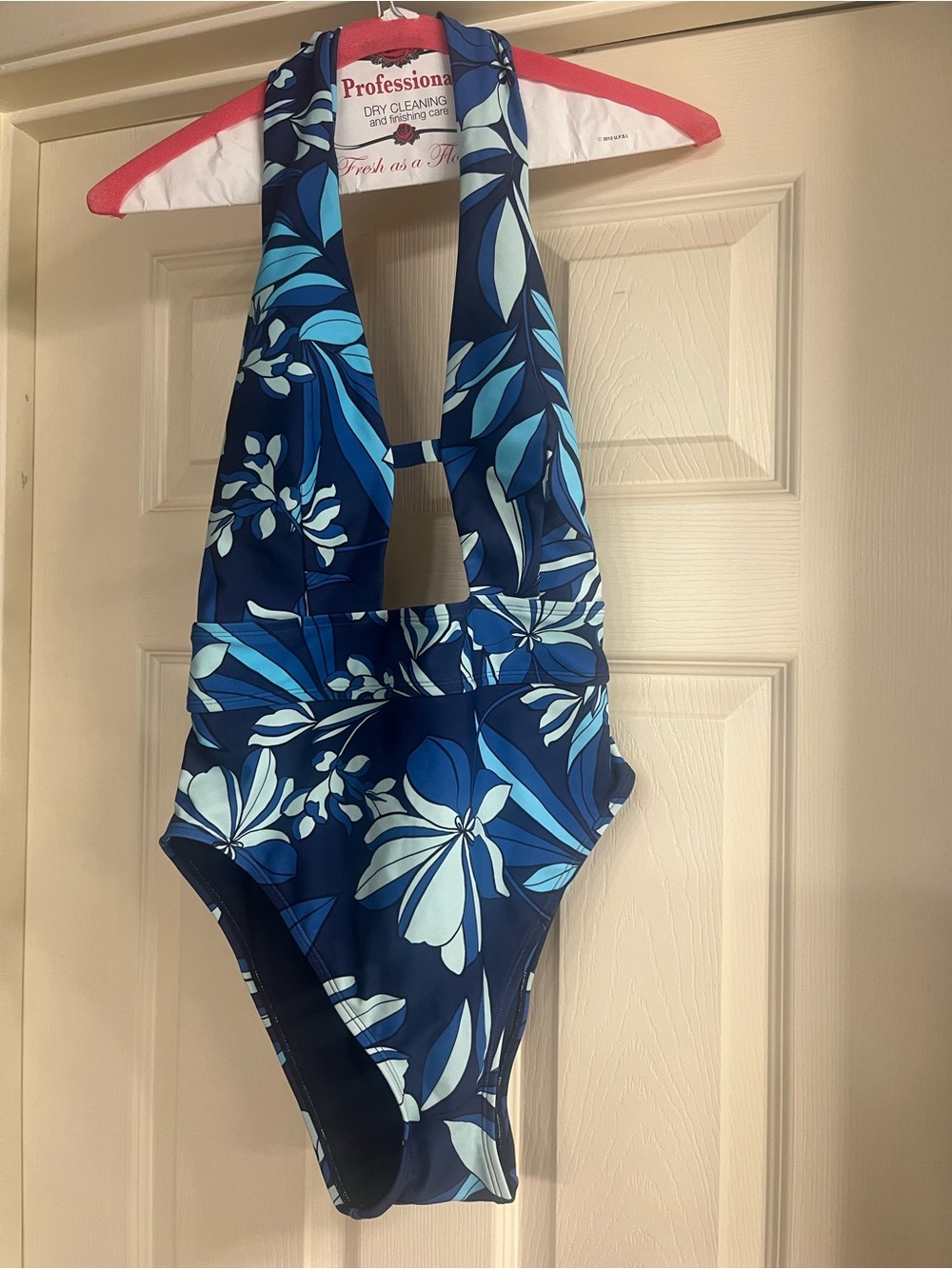 Adore Me Navy and Light Blue Floral Halter One-Piece Swimsuit